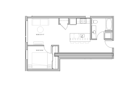 Floor plan for 1 bed, 1 bath, 678 sqft